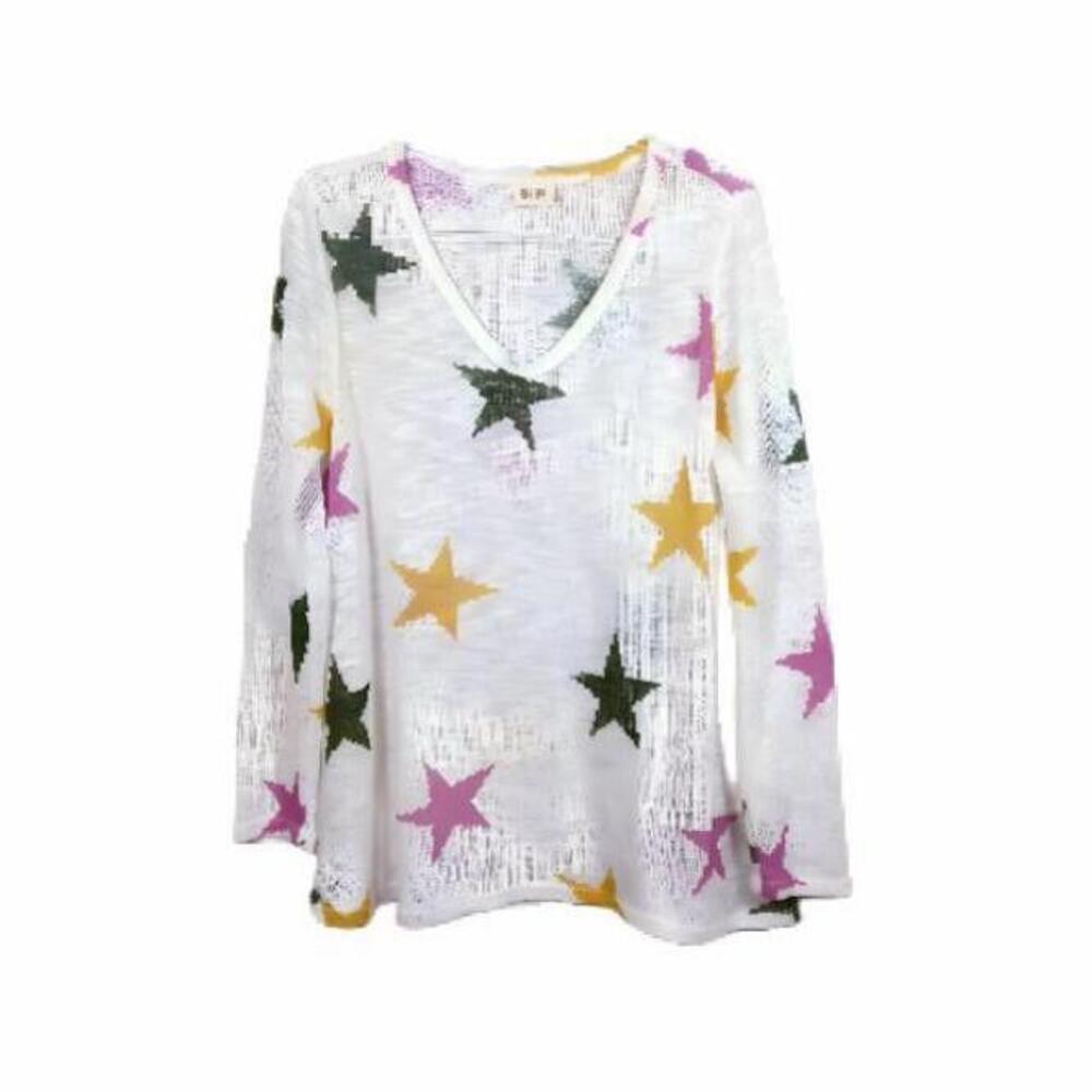 BiBi Womens Sweater Size L XL Lightweight Open Knit V-Neck Stars Tunic Top